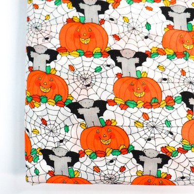 Vintage Halloween Fabric Tablecloth Pumpkins Bats Spiderwebs 1980s Leaves 52x84