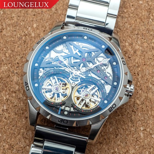 Mens Double Flywheel Automatic Mechanical Watch Silver Black Stainless Steel - Picture 2 of 12