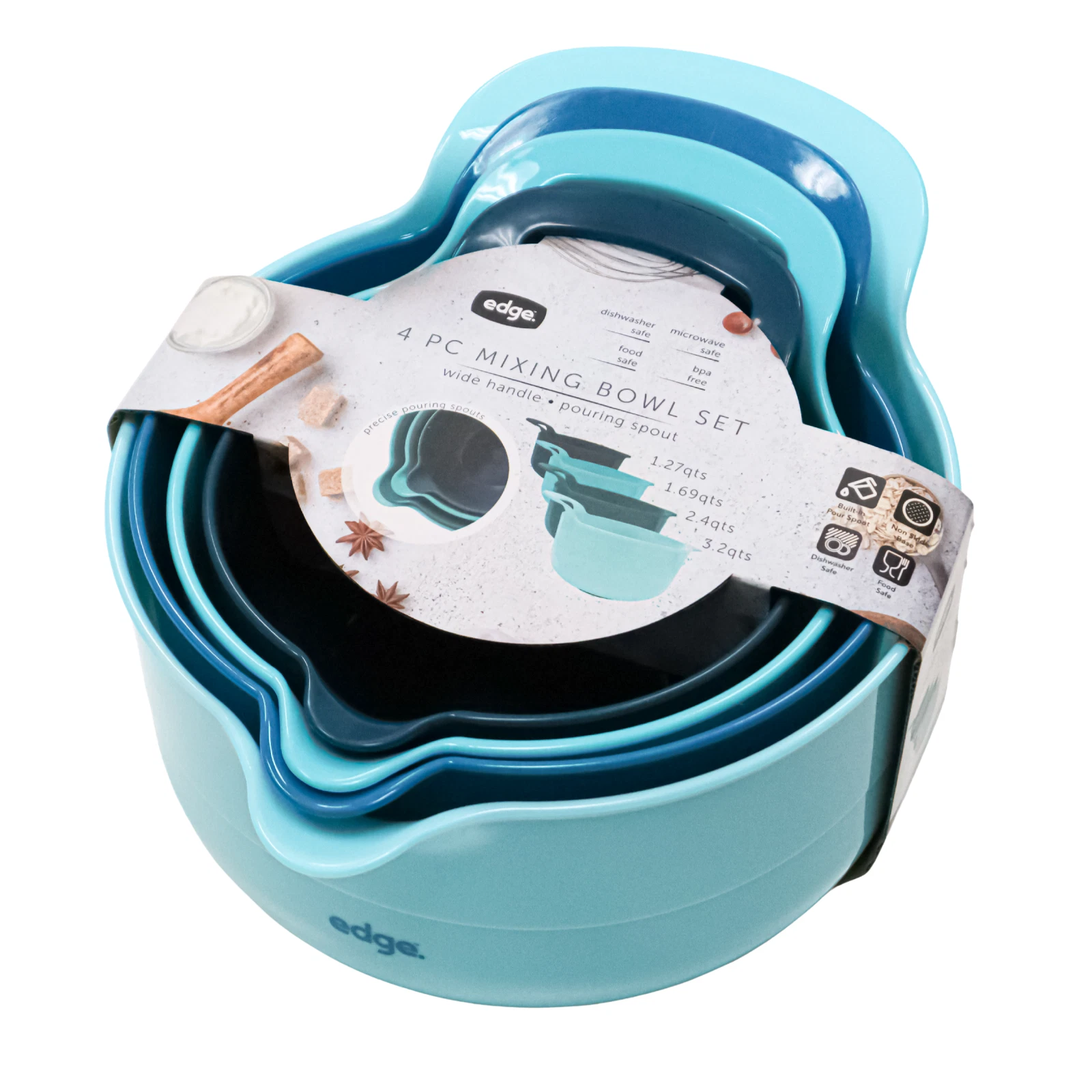 Edge 4-Piece Mixing Bowl Set – Easy Grip Handles – Built-In Pour Spout Non-Skid