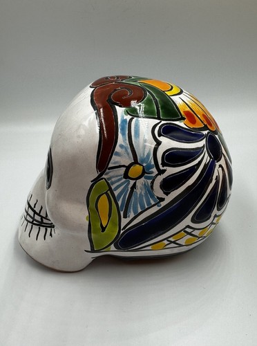 Mexican Art Pottery Day Of The Dead Clay Skull Handmade Folk Art Halloween Decor - Picture 6 of 7