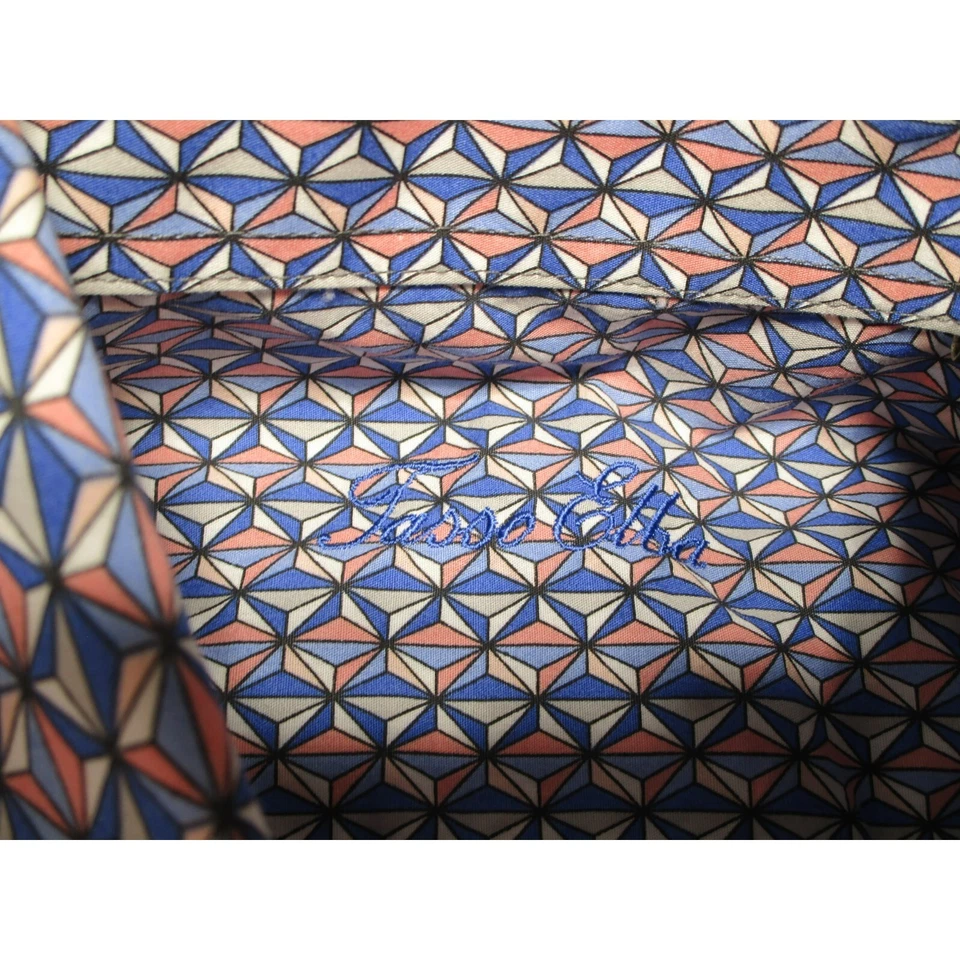 Tasso Elba Hombre Talla - L Azul Rosa Geométrico Manga Larga Abotonable 16 Foto 4 de 4