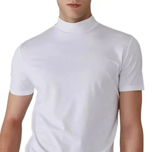 Men Short Sleeve Slim Fit Stretch T-shirt Mock Neck Turtleneck Pullover Tops - Picture 13 of 14