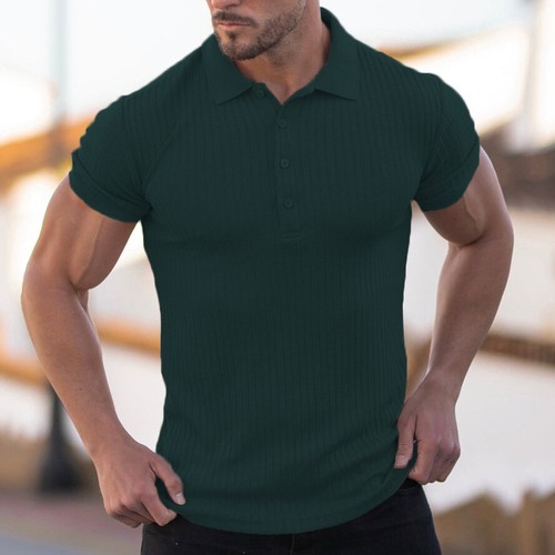 Men's sports and leisure elastic vertical stripe short sleeved polo shirt for me - Picture 33 of 33