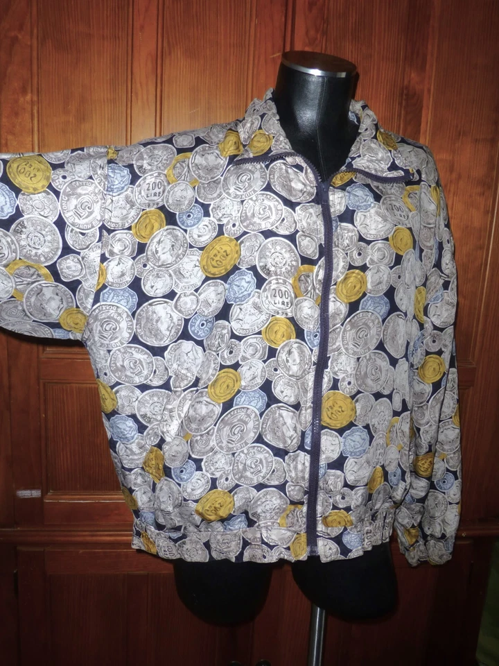 CHAQUETA DE COLECCIÓN AÑOS 90 ORO PLATA MONEDA DINERO IMPRESIÓN 100% SEDA BOMBARDERO HIP HOP CREMALLERA COMPLETA L Foto 4 de 4