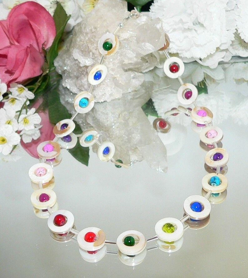 Halskette Kette Perlmutt weiß Perlen mehrfarbig rot grün blau gelb bunt 353n - Bild 2 von 4