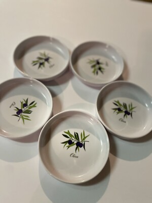Xcell Melamine Plastic Dipping Oil Sauce Dishes White w/ Olives 4'' Set Of 5