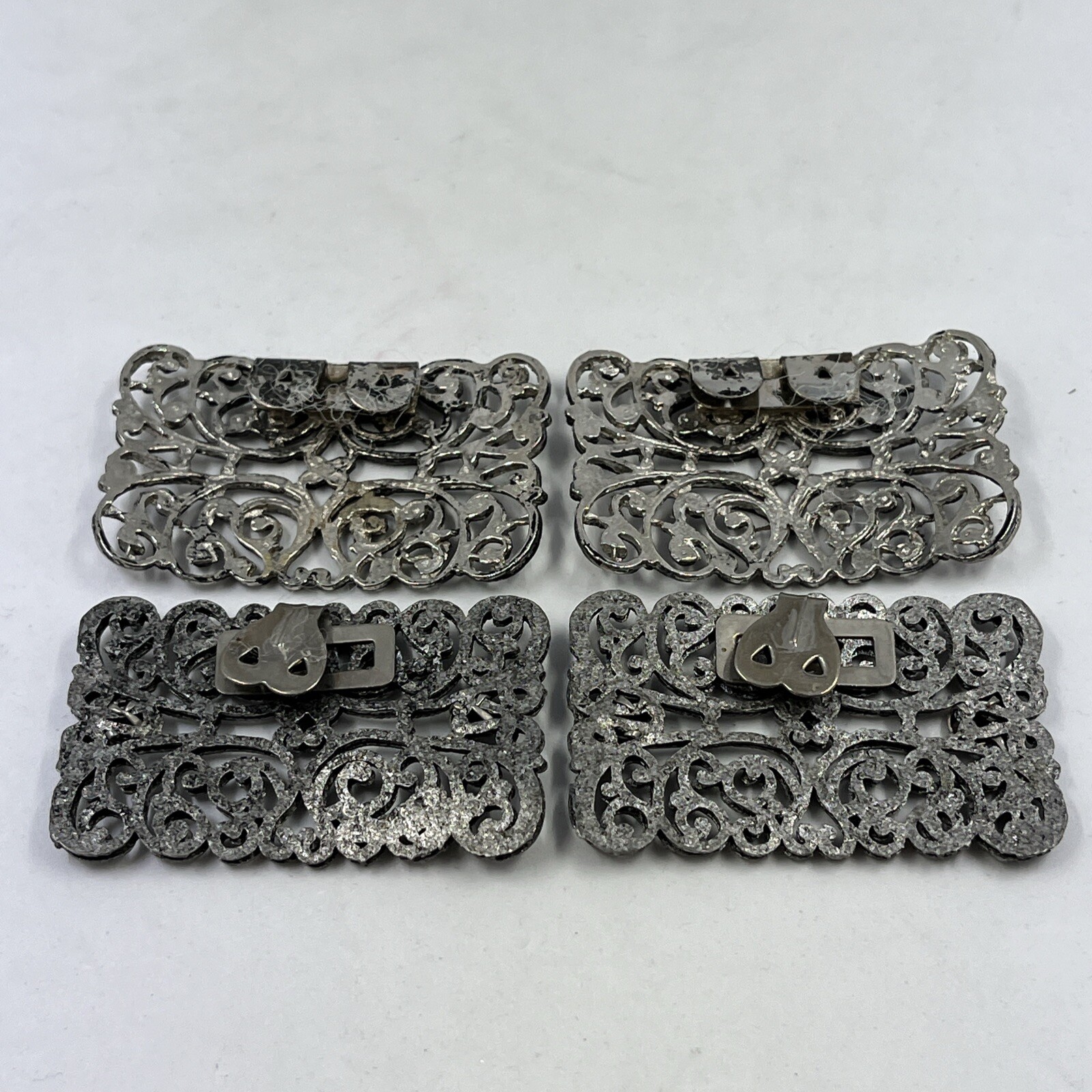 Vintage Silver Tone Ornate Shoe Clips Buckle Metal Pair Rectangle Set Of 2