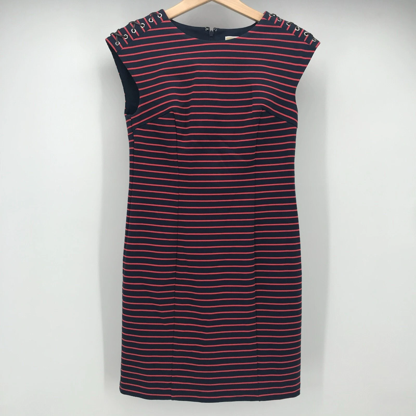 MICHAEL Michael Kors abito donna piccolo blu rosso righe ponte maglia pizzo spalle