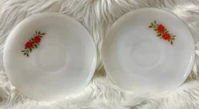 Anchor Hocking Fire King Ware Small Saucers Milk Red Roses Glass Set Of 2 6”