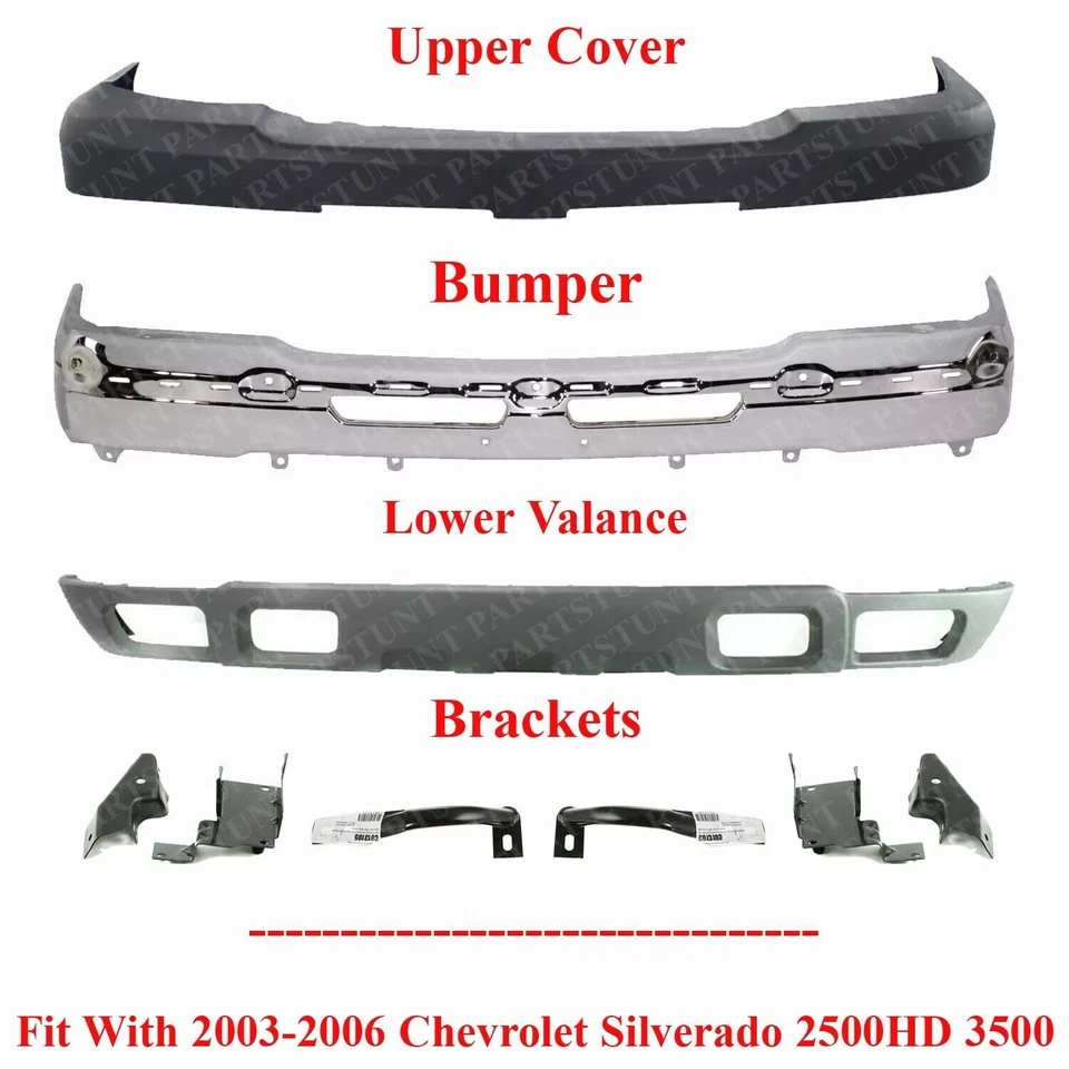 Комплект хромированный передний бампер стальной набор из 9 для Chevy Silverado 2500HD 3500 2003-2006 годов выпуска - Изображение 2 из 4