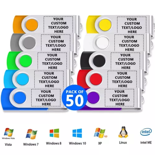 Custom Swivel USB Flash Drives 50/100 Lot Pack Personalized Logo Memory Stick