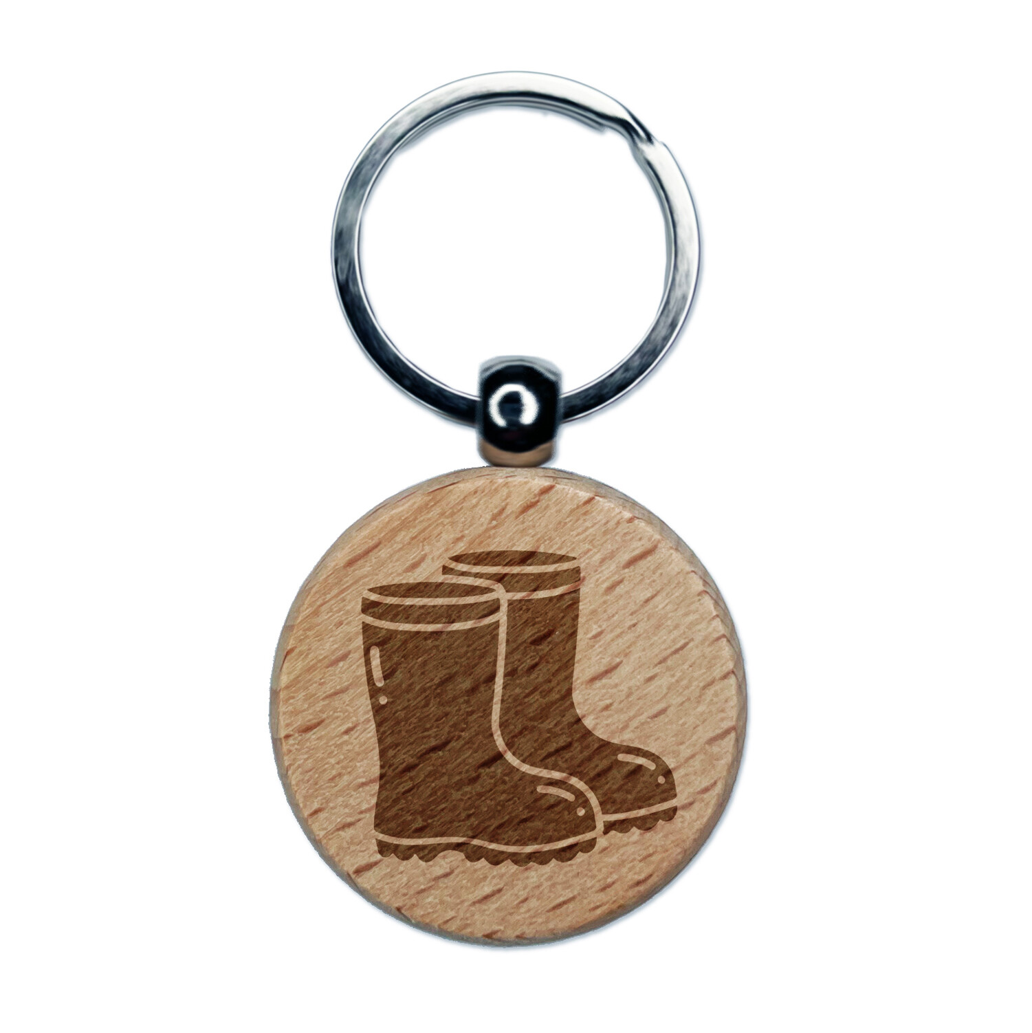 Rubber Rain Boots Engraved Wood Round Keychain Tag Charm