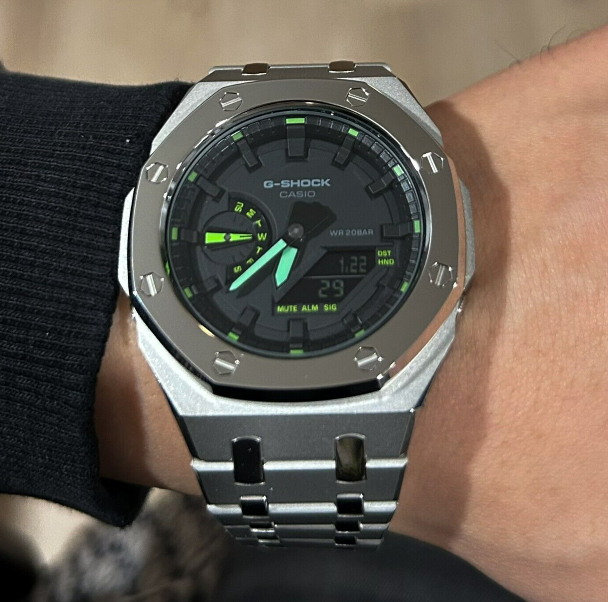 New Casioak GA2100 Custom G-Shock Royal Mod Stainless Steel Silver
