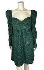Reformation Green Floral Print Kenzi Dress Size 12 Puff Sleeve Babydoll Mini