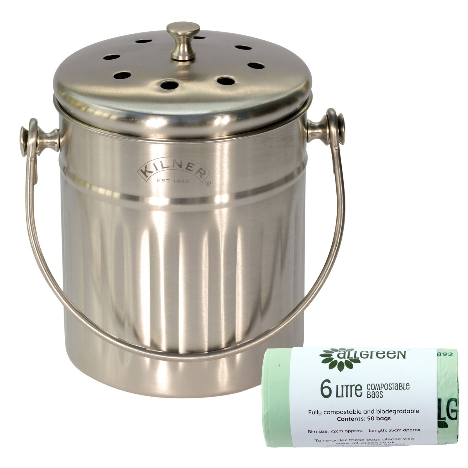 Kilner 2 Litre Stainless Steel Compost Caddy & 50 x 6L Compostable Bags