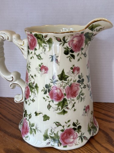 VTG Porcelain Boudoir Pitcher Beige Pink Cabbage Roses Fluted Bottom Handle - Picture 12 of 12