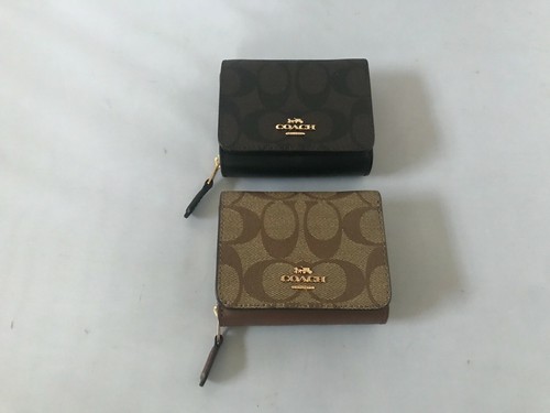 COACH Small Trifold Wallet Canvas Card Case Coin Brown Black or Khaki Saddle$150 - Picture 3 of 22