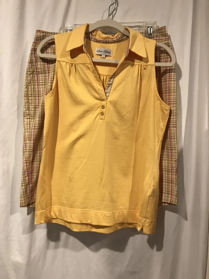 Bermudas deportivas para mujer Haley Golf amarillo rosa cuello a cuadros sin mangas (M) (12) Foto 3 de 4