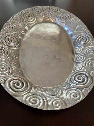 Vintage Large Oblong Pewter Platter Made in Mexico Swirl Pattern 18 1/4 x 13 1/2