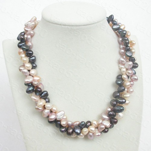 17" 3row 10mm Baroque purple Black pearls necklace seashell clasp k1193