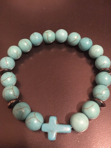 Mens 8” Turquoise Green Gemstone Howlite Beaded 10mm Stretch Bracelet Cross Gift - Picture 2 of 10