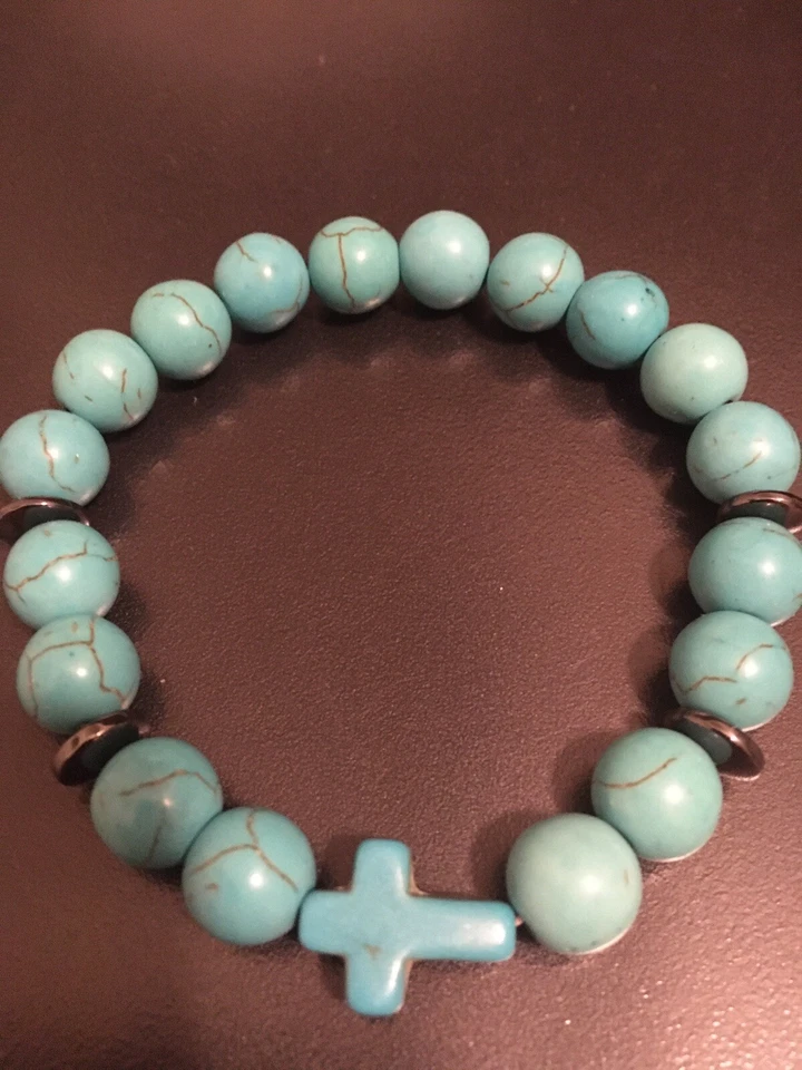Mens 8” Turquoise Green Gemstone Howlite Beaded 10mm Stretch Bracelet Cross Gift - Image 2 of 4