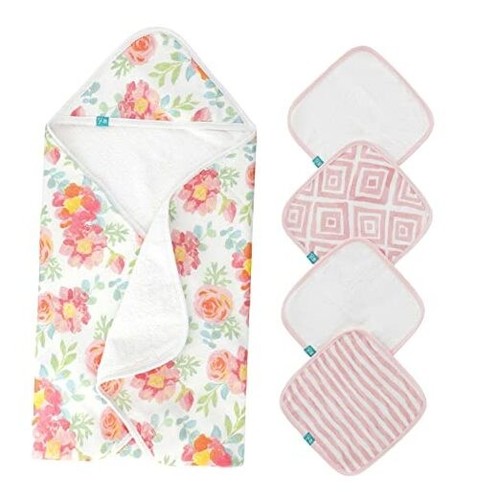 5-Piece 100% Cotton Muslin Hooded Bath Towel & Washcloths Set for Baby Girl -