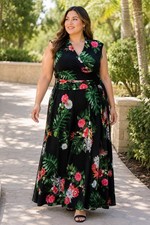 Vince Camuto Tropical Floral Black V Neck Ruched Stretch Resort Maxi Dress Sz XL