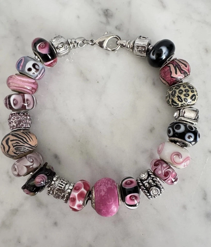 Pulsera Viva Beads Plateado Rosa y Negro Cuentas de Vidrio Serpiente Cadena Dije Foto 2 de 4