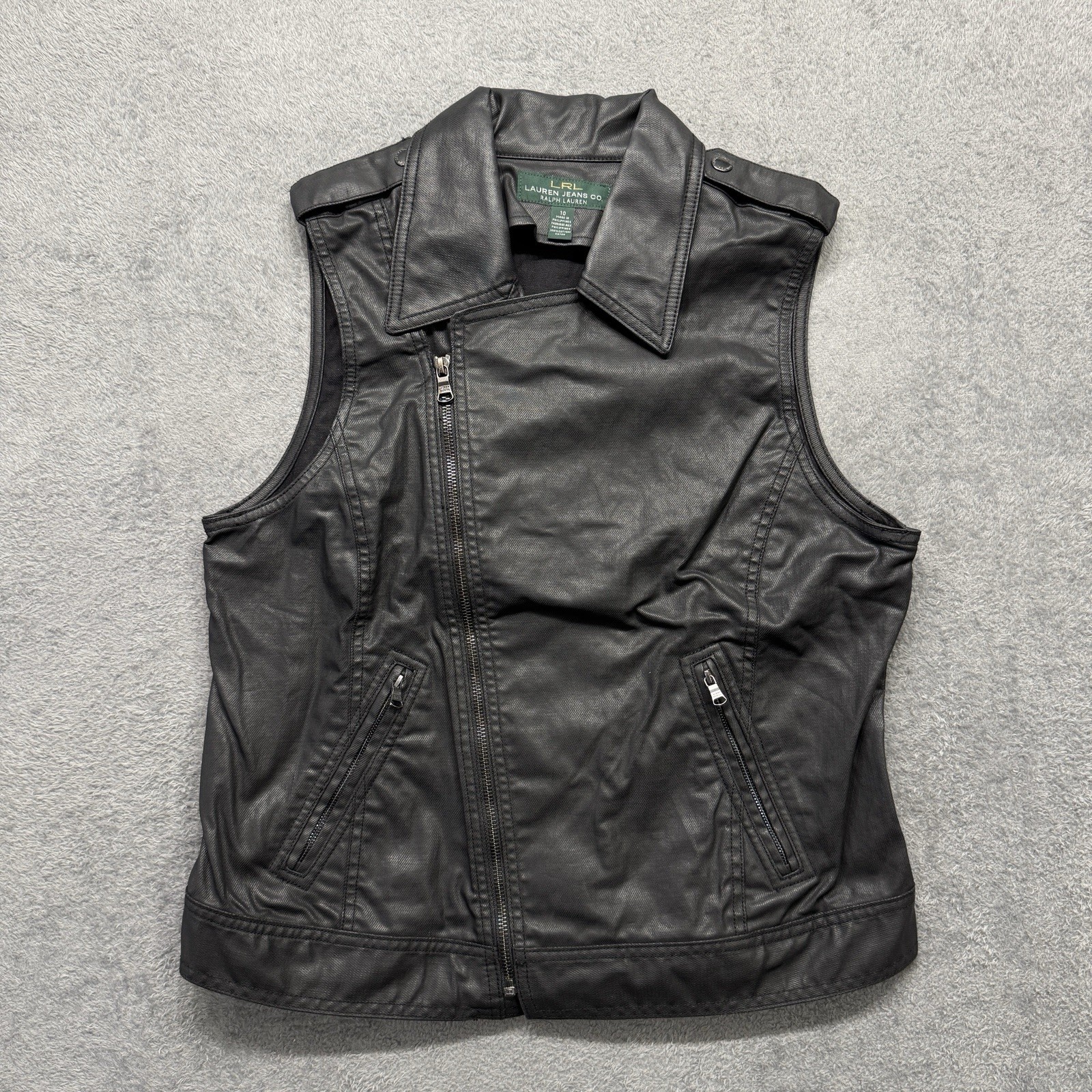 Lauren Ralph Lauren Black Moto Biker Vest Women’s Size 10 Zip Front Cotton