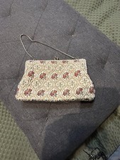 Vintage Hand Beaded Evening Clutch Hand Made Hong Kong Floral Kiss Lock