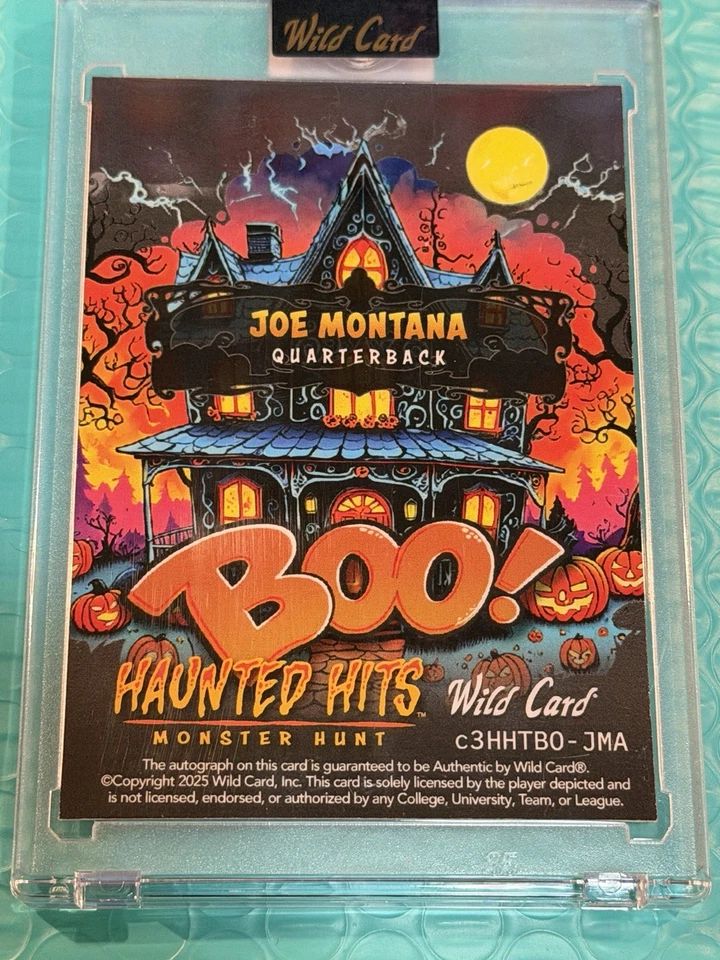 Wild Card Haunted Hits 2025 autografiado Joe Montana verdadero 1/1 lámina de oro BOO Foto 3 de 3