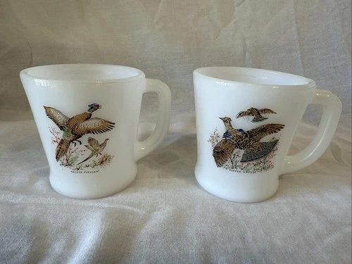 Fire King Game Bird White Milk Glass Mugs Pheasant & Grouse Set of 2 Vintage