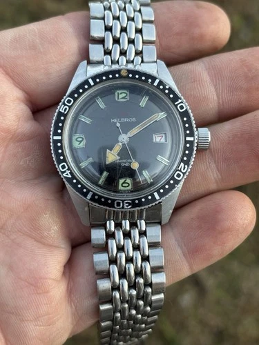 Orologio da polso uomo vintage anni 60-70 Helbros Skin Diver invincibile, ricambi da restaurare