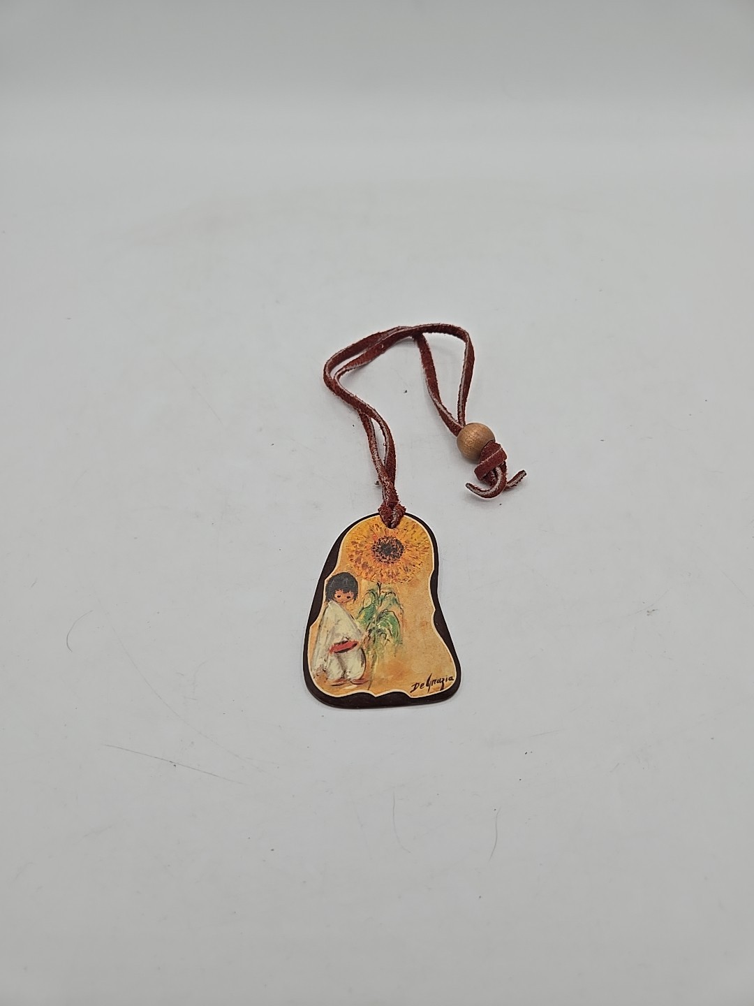 Vintage De Grazia Sunflower Boy Wooden Pendant