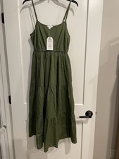 Time and Tru Green Cotton Midi Sundress, Square Neck Tiered Strappy, S 4-6