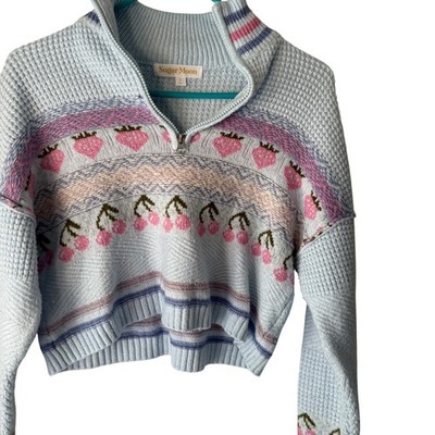Sugar Moon Baby Blue Cropped Strawberry Cherry Fair Isle Knit Sweater Coquette