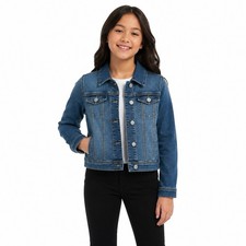 Cat  Jack Girls Denim Jacket Size L 10/12 Blue Stretch Button Front NWT