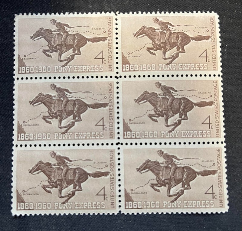 US Stamps Scott 1154 Pony Express Centennial 1960 4c block of 6 - MNH