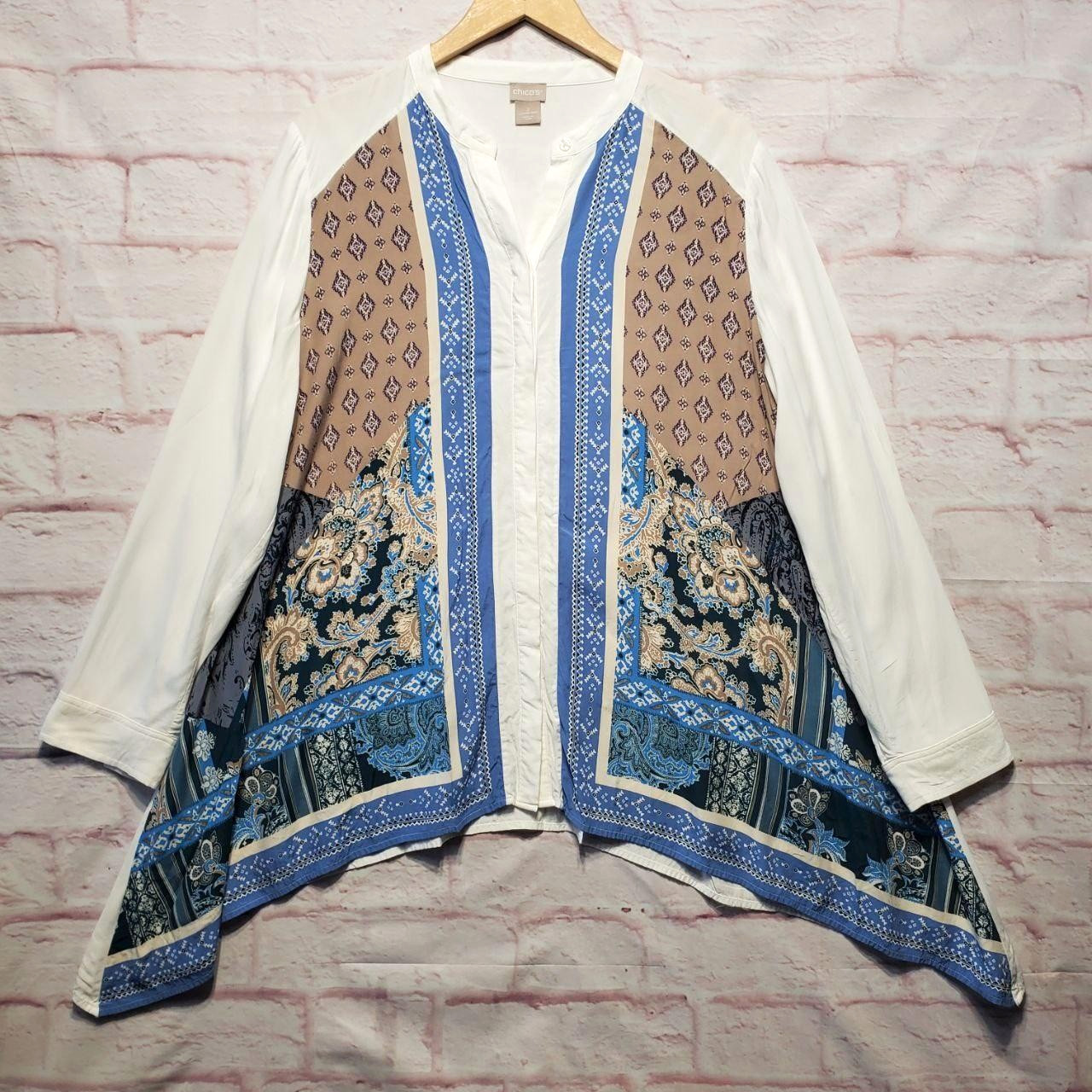 Chicos Boho Patchwork Tunic Top Large Blue Paisle… - image 1