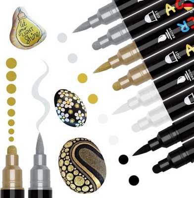 Tesquio Acrylstifte für Steine Wasserfest Dual Brush Tip 8pcs Metallic Marker 