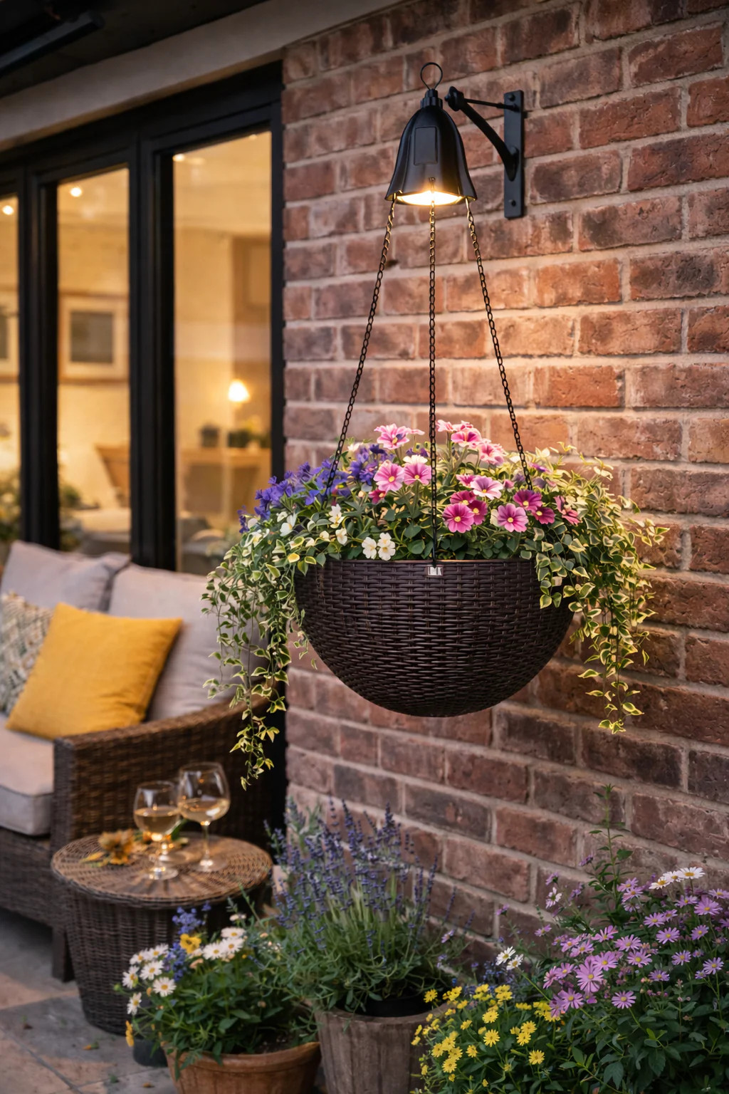 70cm LED Solar Rattan Effect Hanging Basket Outdoor Garden Planter Light