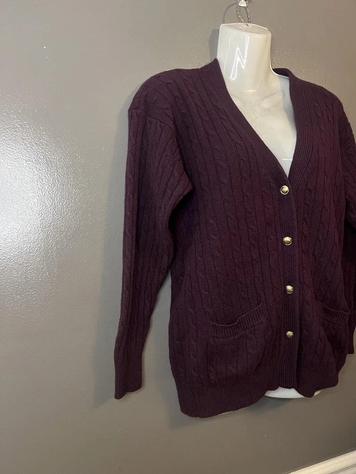 Cárdigan Charter Club vintage para mujer mediano púrpura lana de cordero tejido con cable años 90 Foto 2 de 4