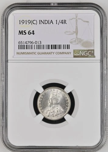 British India 1919 C Silver 1/4 Rupee NGC MS-64