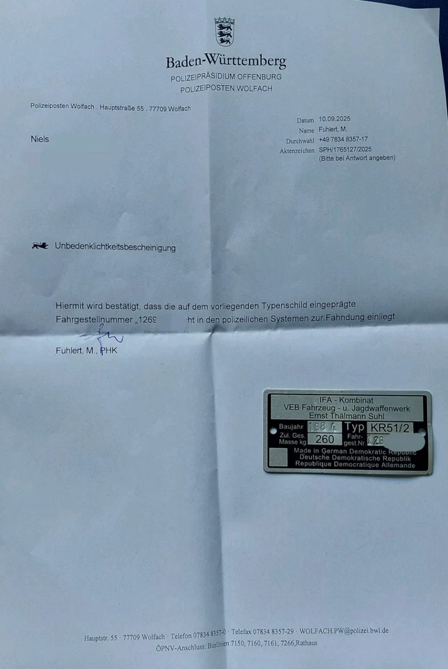 Simson KR 51/2 Schwalbe Typenschild, Geprüft - Bild 2 von 2