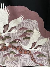 Vintage Japanese Kurotomesode Kimono Black Silk Crane Pattern Formal Wear