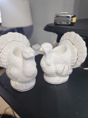 Thanksgiving Candle Holder Set Of 2 Ivory Gold Trim Great Condition