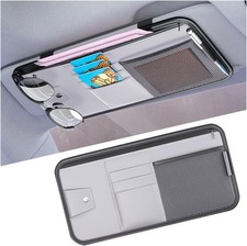 Car Sun Visor Organizer, PU Leather Vehicle Storage Pouch Holder with Gray-Pock