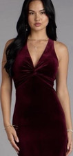 Burgundy Velvet Halter Backless Maxi Dress Knot Accent Sleeveless Party Formal