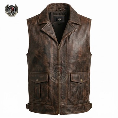 Distressed Brown Men's Leather Motorcycle Vest  Western style Cowboy Biker Vest